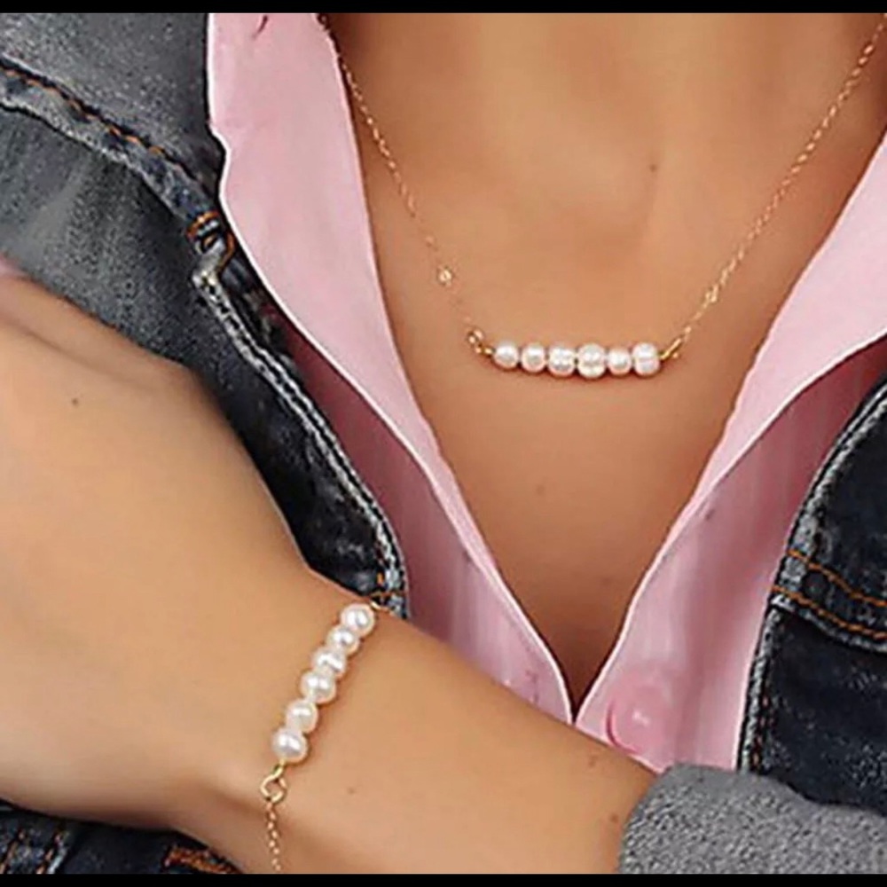 Pearl Necklace & Bracelet Set Gold